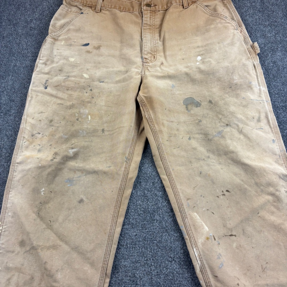 CARHARTT Men’s WORN Used Dungarees Tan Cargo Pants Size: 36 - Picture 3 of 8